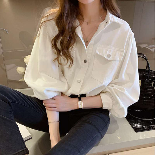 Women's Long-Sleeve Shirt for Spring – Solid Color with Pockets