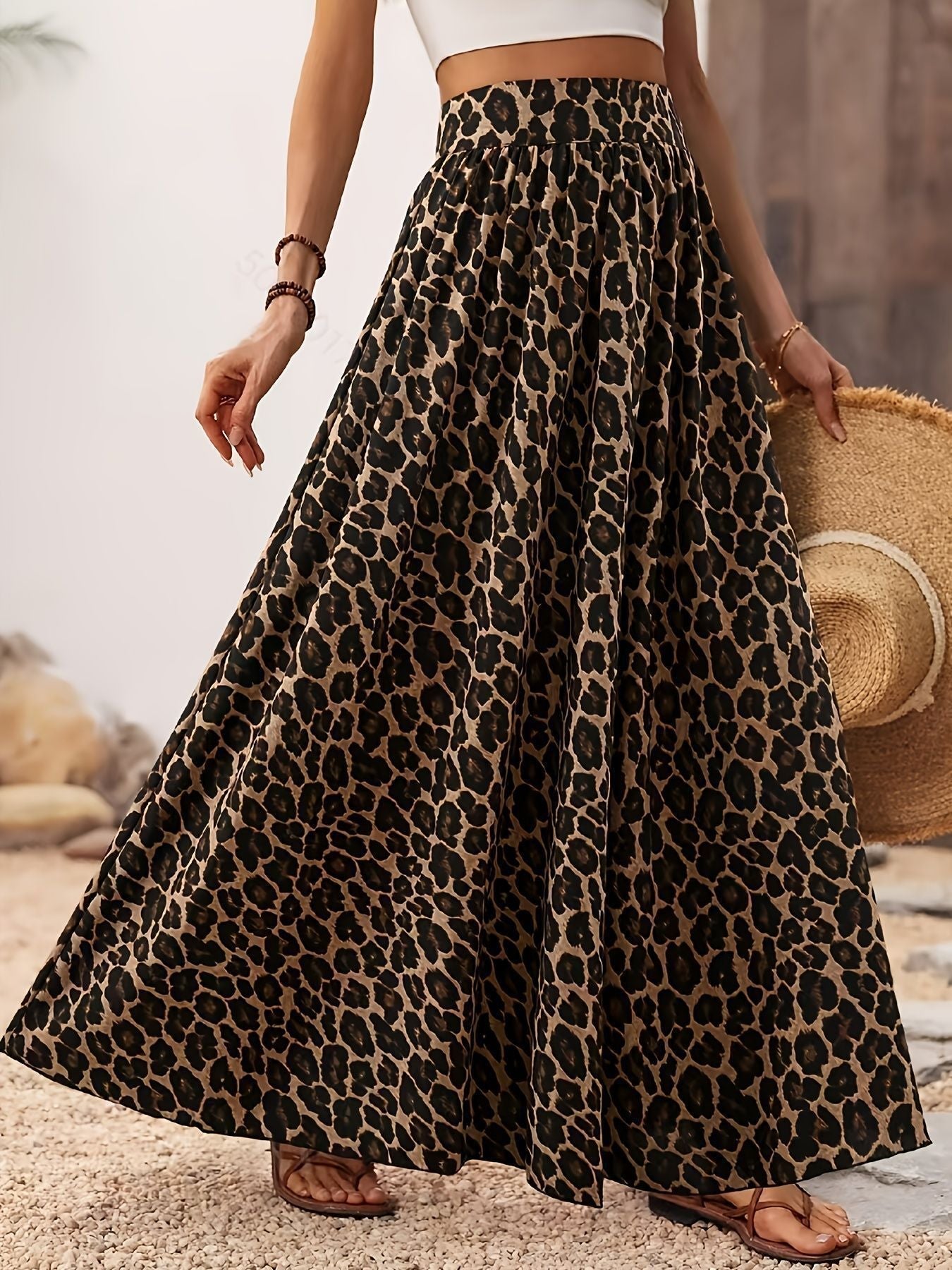 Falda Midi de Cintura Alta – Tela de Estampado de Leopardo Chic