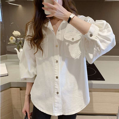 Camisa de Mujer de Manga Larga para Primavera – Color Sólido con Bolsillos