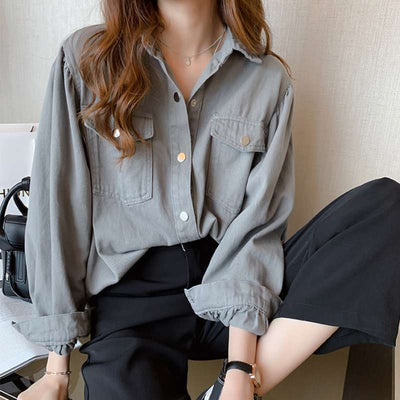 Camisa de Mujer de Manga Larga para Primavera – Color Sólido con Bolsillos
