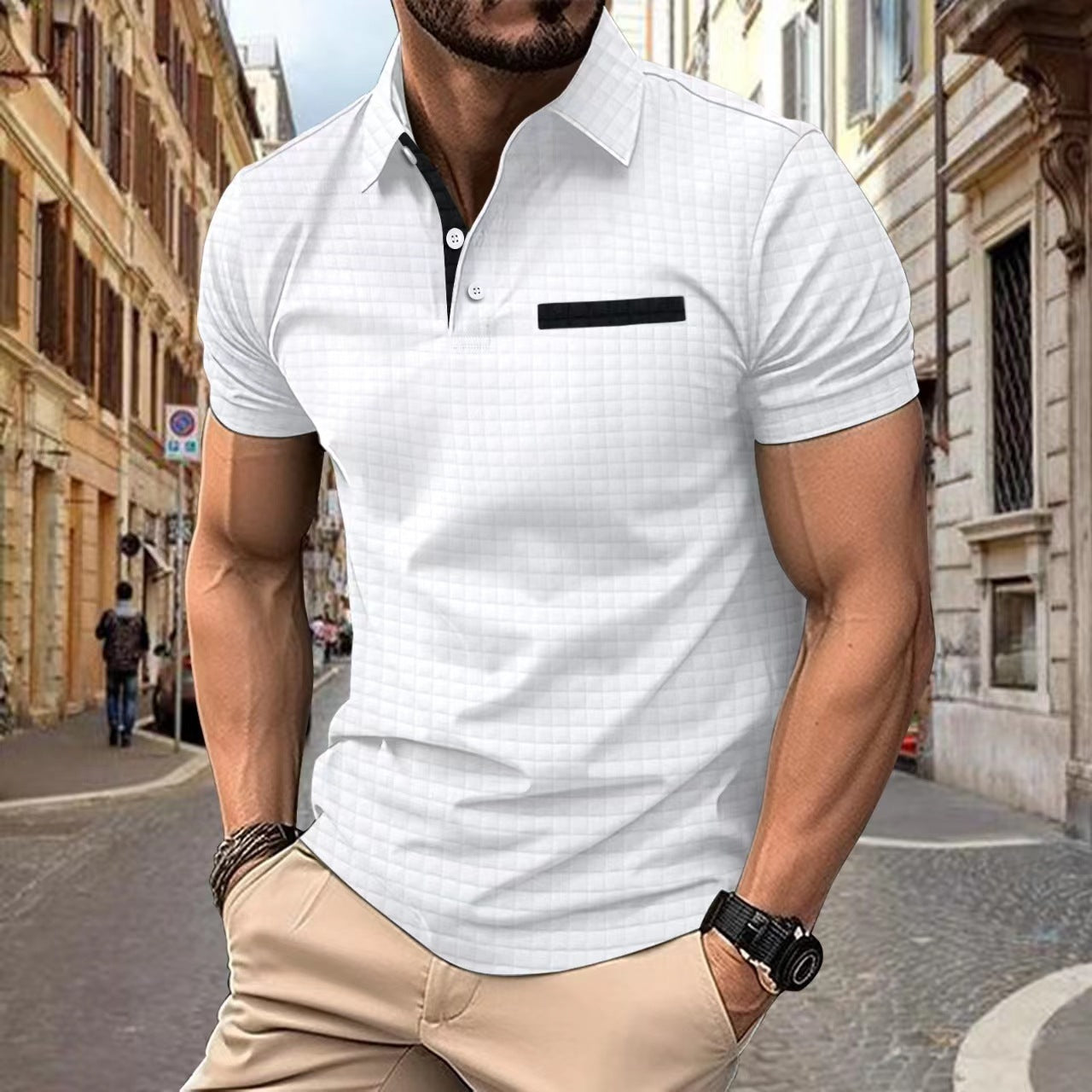 Polo Deportivo para Hombre con Cuadros Jacquard y Botones