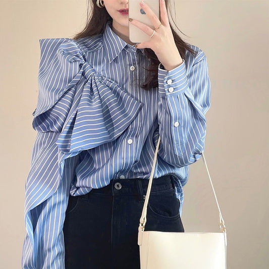 Women's Casual Striped Blue Shirt – Korean Style with Lapel and Patchwork Bow Detail
