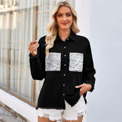 Camisas Vaqueras de Mujer de Corte Holgado – Chic con Bolsillos de Lentejuelas