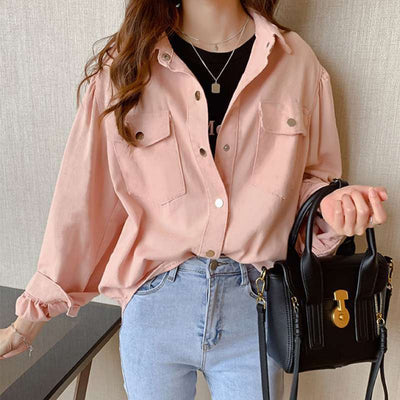 Camisa de Mujer de Manga Larga para Primavera – Color Sólido con Bolsillos