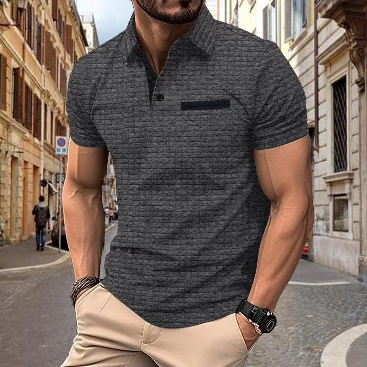 Polo Deportivo para Hombre con Cuadros Jacquard y Botones