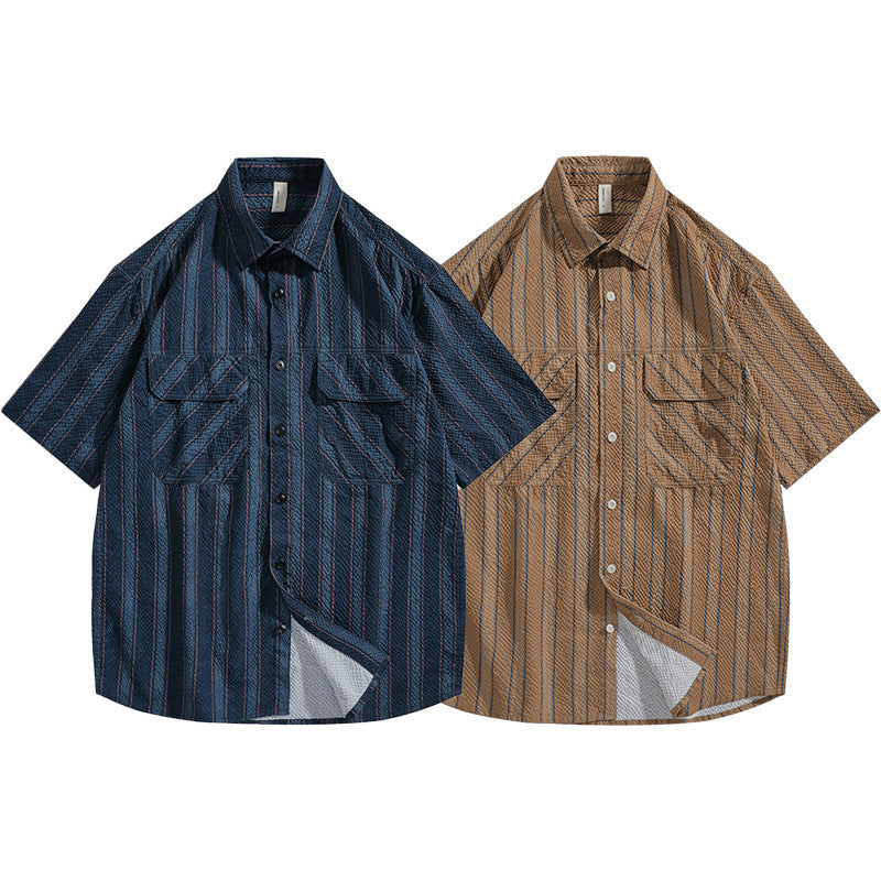 Men's Summer Shirt in Seersucker – Striped Texture and Short Sleeves