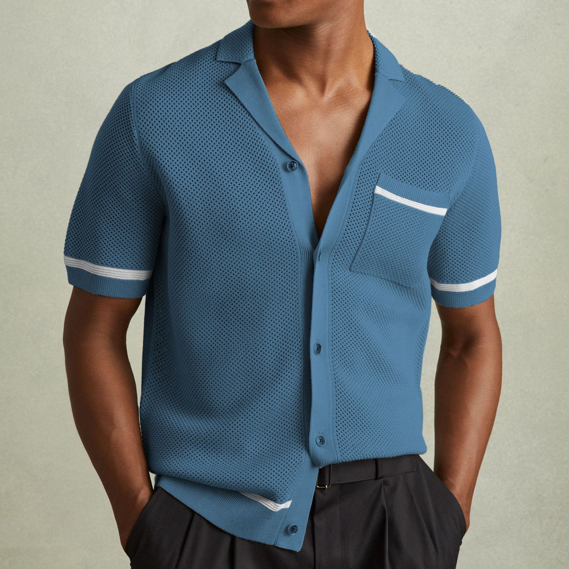 Camiseta de Punto de Verano para Hombre – Cuello Cubano y Mangas Cortas Frescas
