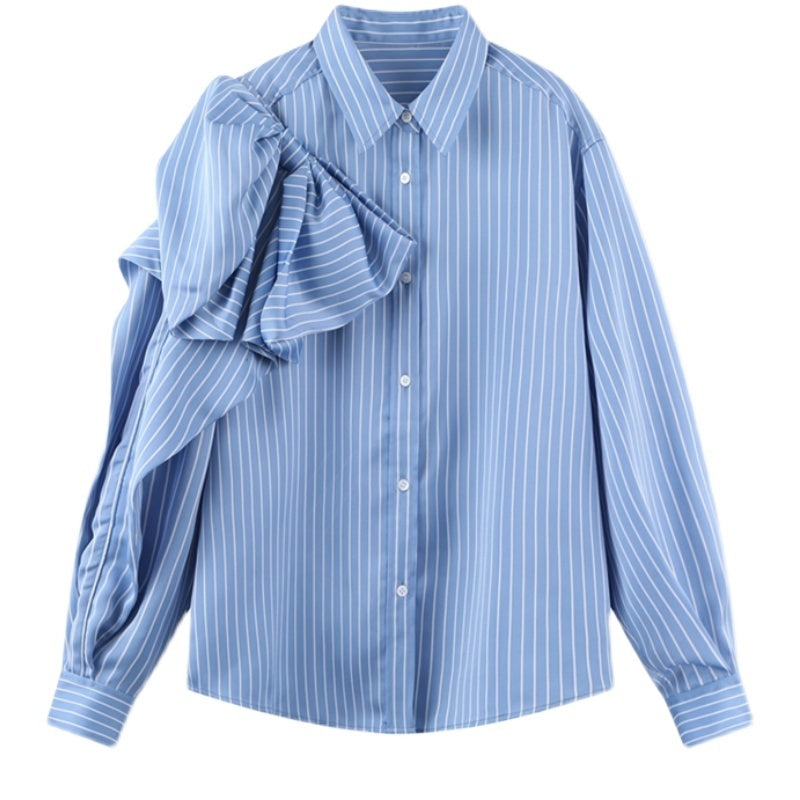 Camisa Casual de Mujer a Rayas Azules – Estilo Coreano con Solapa y Detalle de Lazo en Patchwork