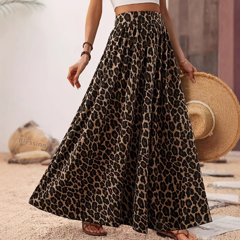 Falda Midi de Cintura Alta – Tela de Estampado de Leopardo Chic