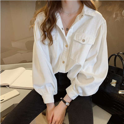 Camisa de Mujer de Manga Larga para Primavera – Color Sólido con Bolsillos